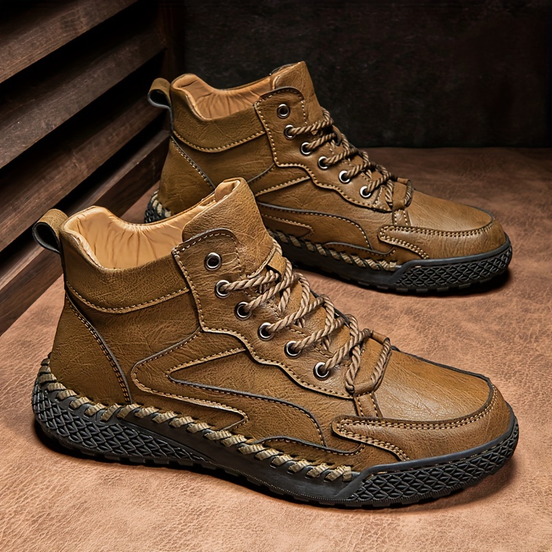 mens trendy leather shoes waterproof high top lace up casual shoes for outdoor activities like walking running and hiking details 4