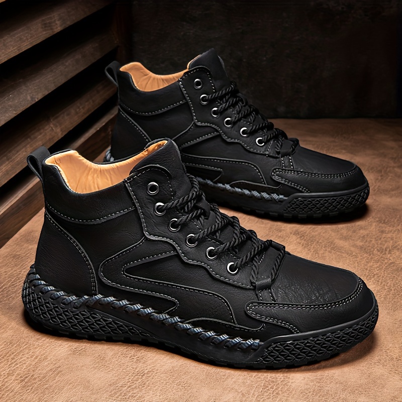 mens trendy leather shoes waterproof high top lace up casual shoes for outdoor activities like walking running and hiking details 8