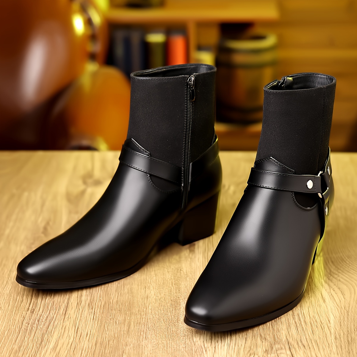 mens heeled boots with zippers casual walking shoes pu leather boots details 6