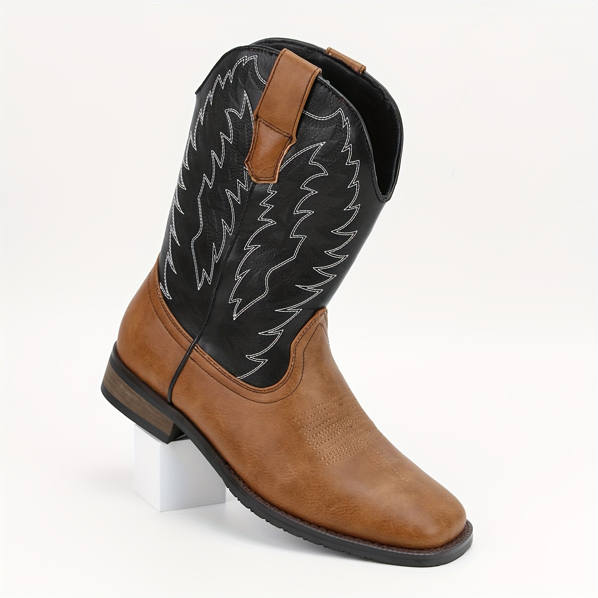 mens square toe roper boots western cowboy boots embroidered mid calf roper boots details 4
