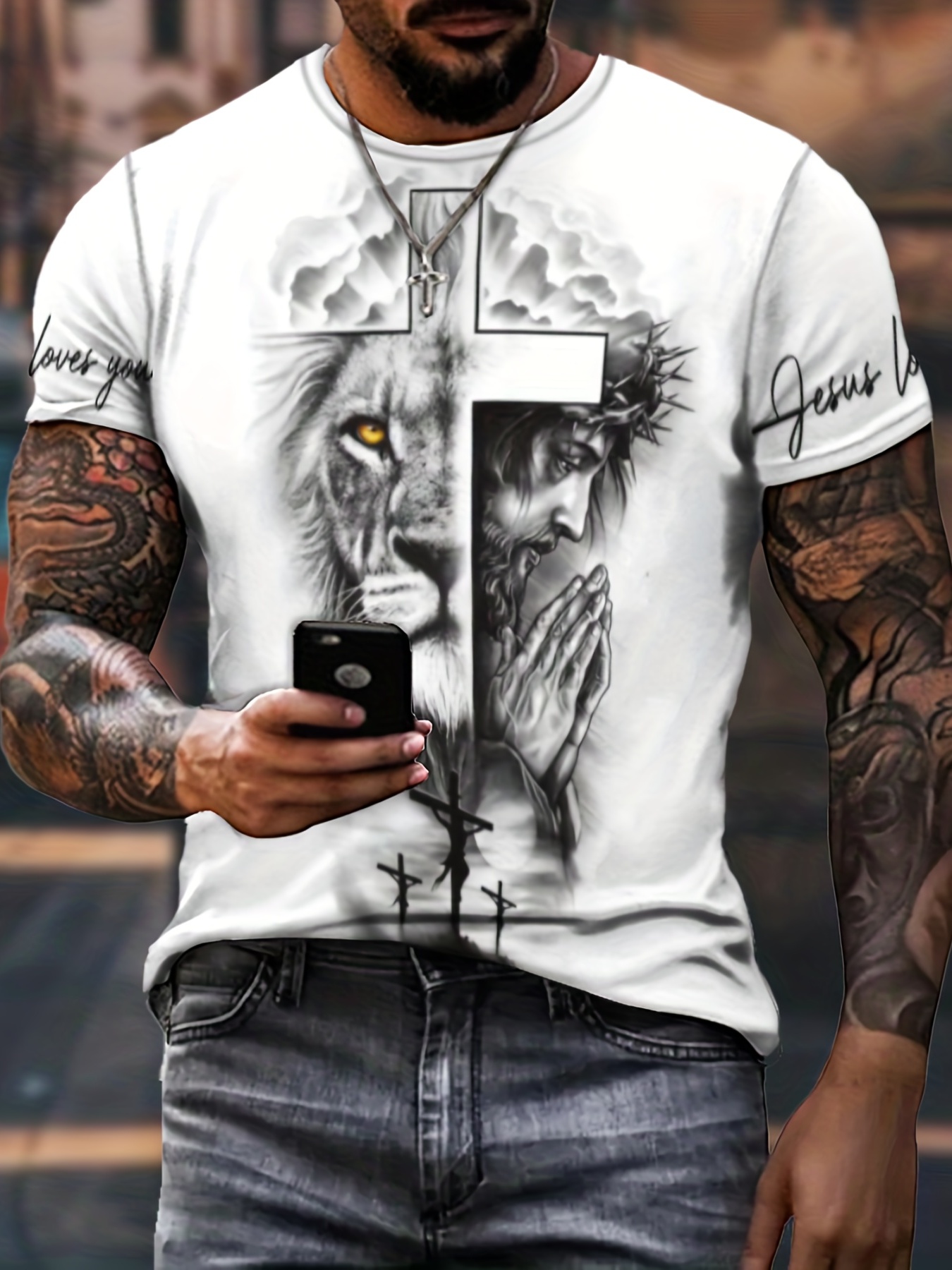 stylish cross lion pattern print mens comfy chic t shirt graphic tee mens summer outdoor clothes mens clothing tops for men gift for men details 1