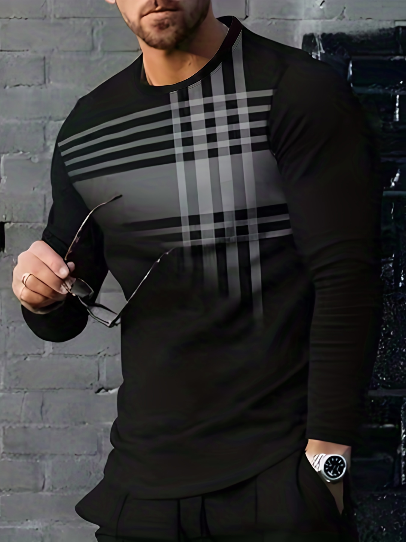 stylish stripe 3d print mens casual long sleeve crew neck t shirt spring fall details 0