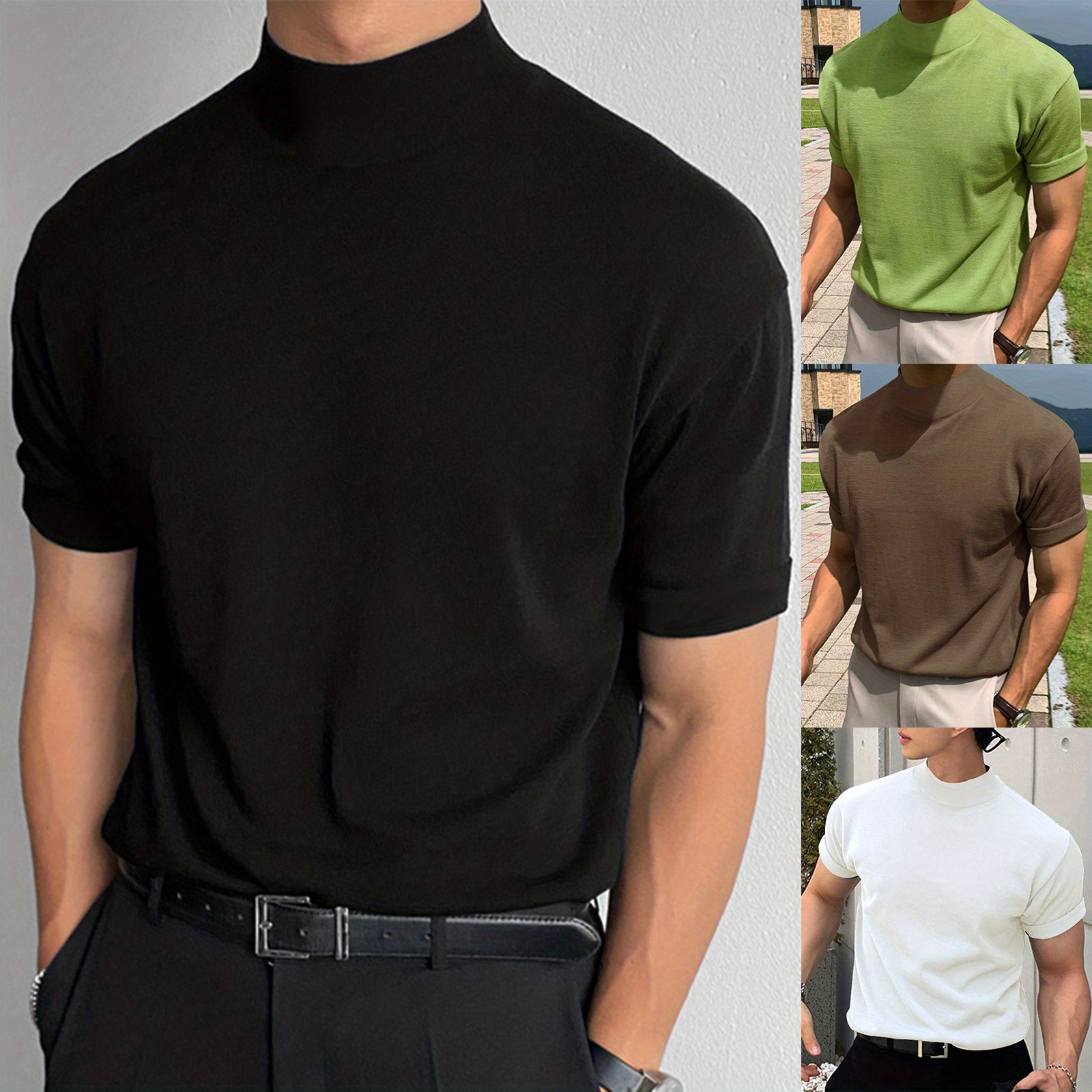 solid color mens short sleeve turtleneck stretch comfy t shirt summer streetwear details 0