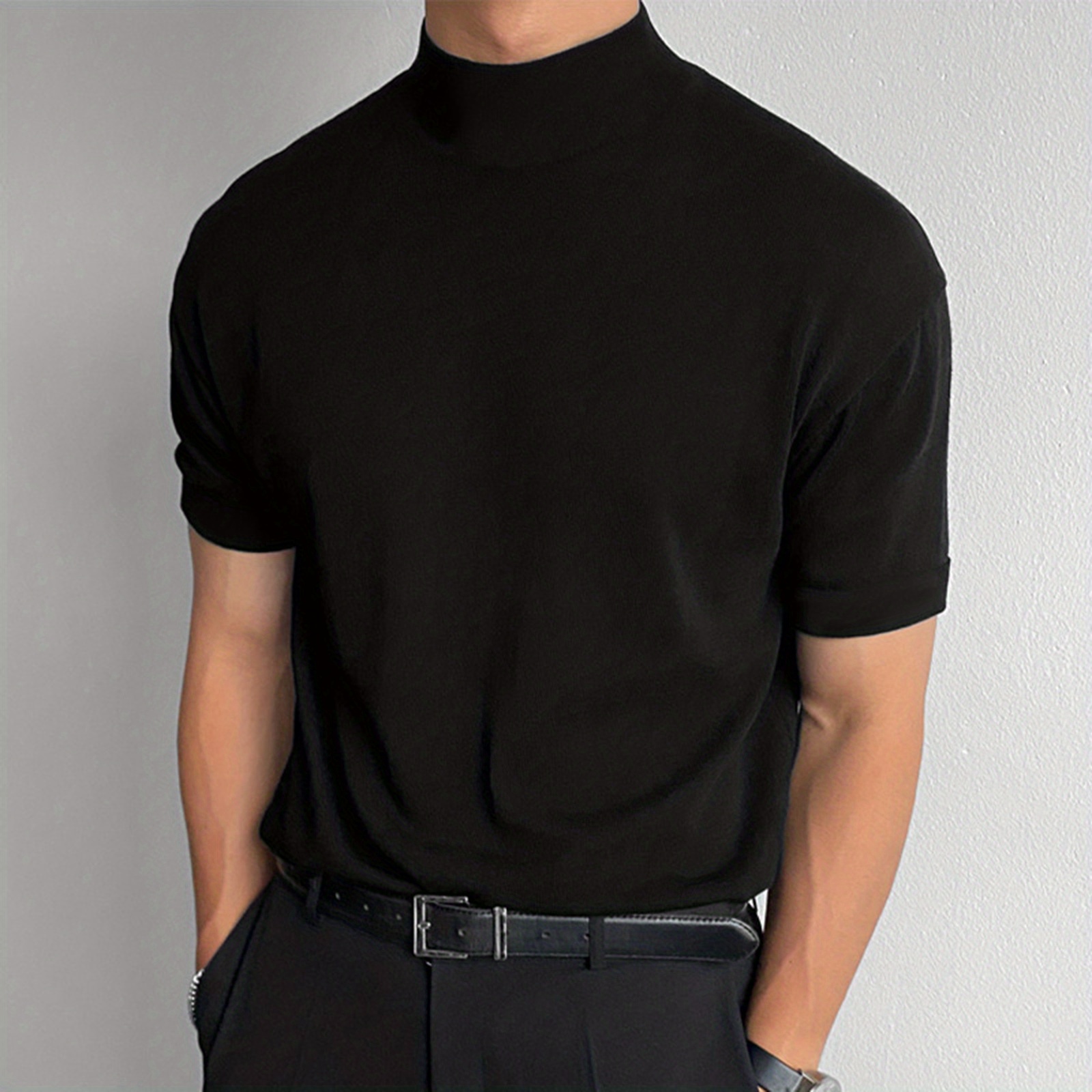 solid color mens short sleeve turtleneck stretch comfy t shirt summer streetwear details 2