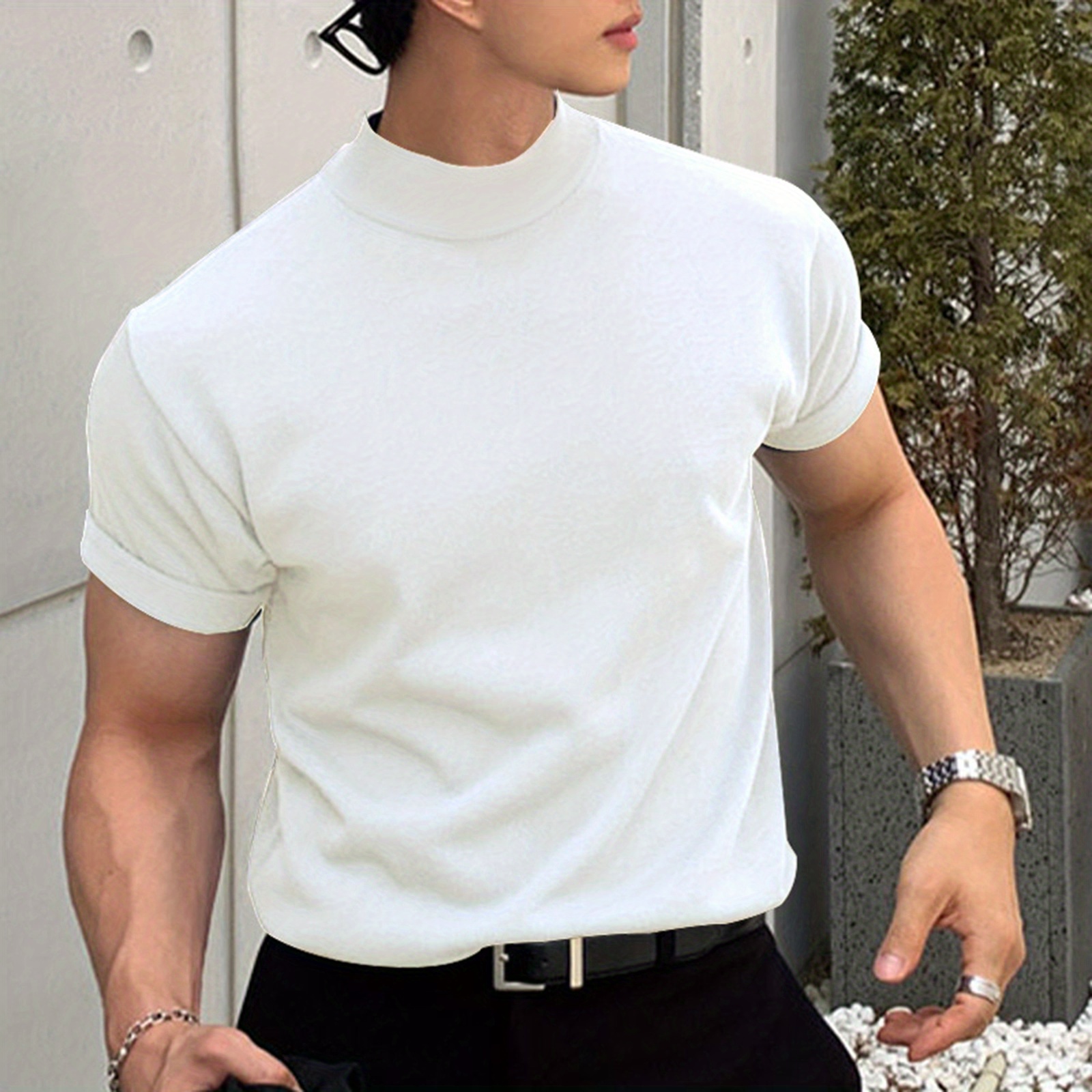 solid color mens short sleeve turtleneck stretch comfy t shirt summer streetwear details 3