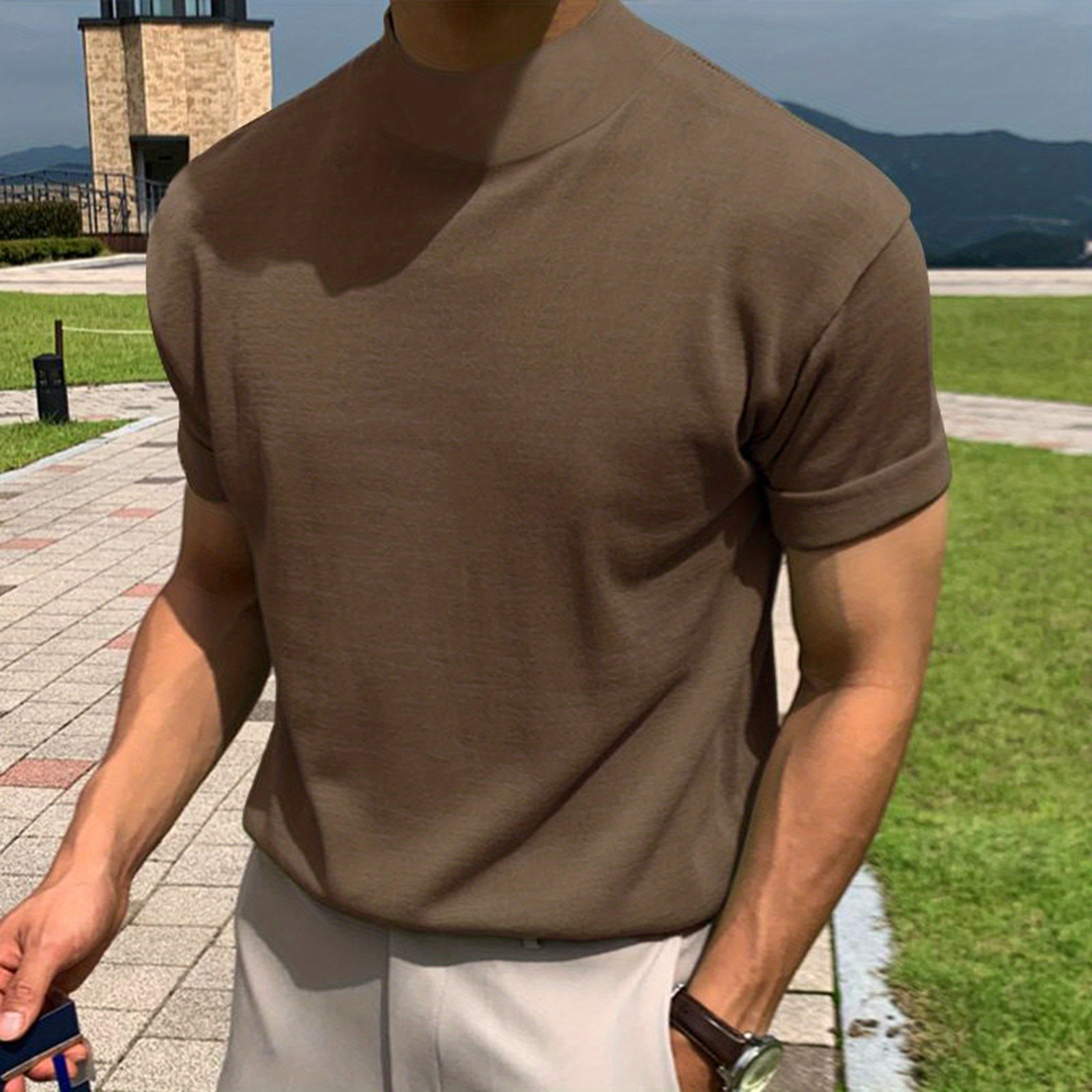 solid color mens short sleeve turtleneck stretch comfy t shirt summer streetwear details 4