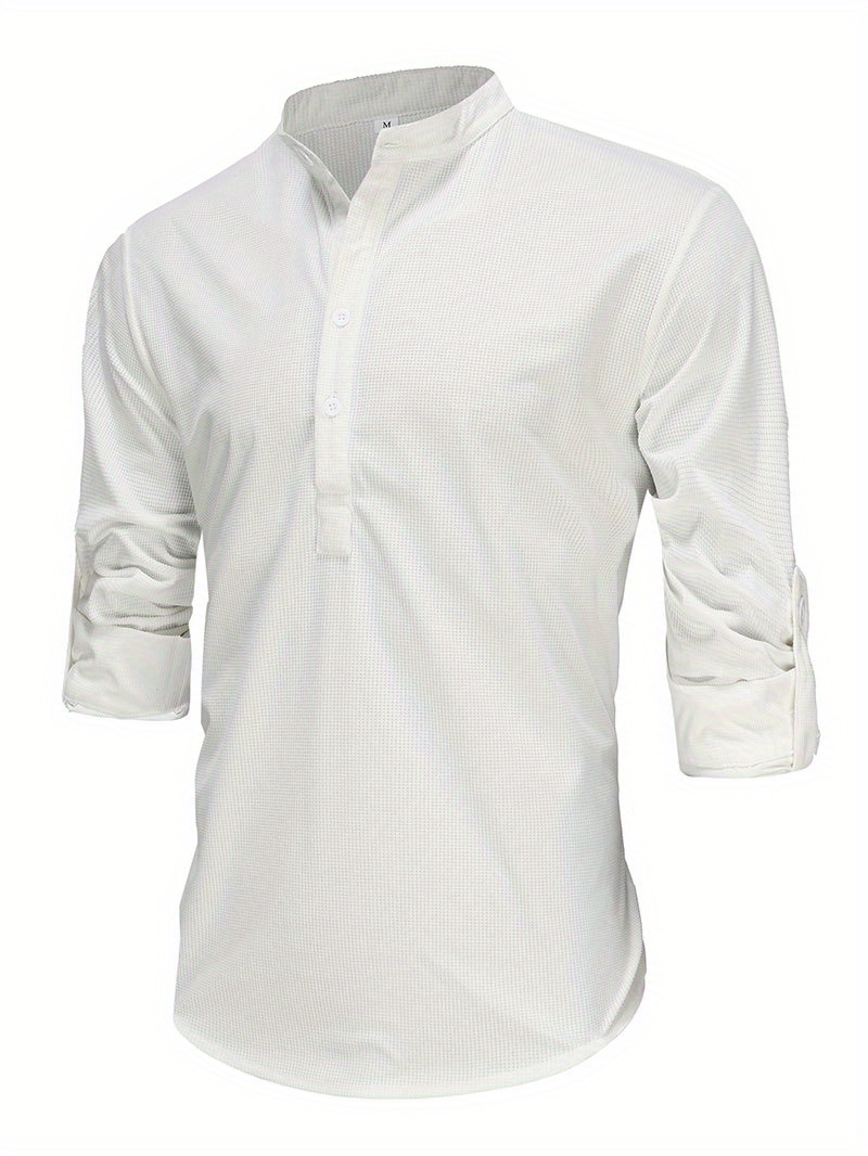 mens retro casual long sleeve stand collar shirt with half button spring fall outdoor details 1