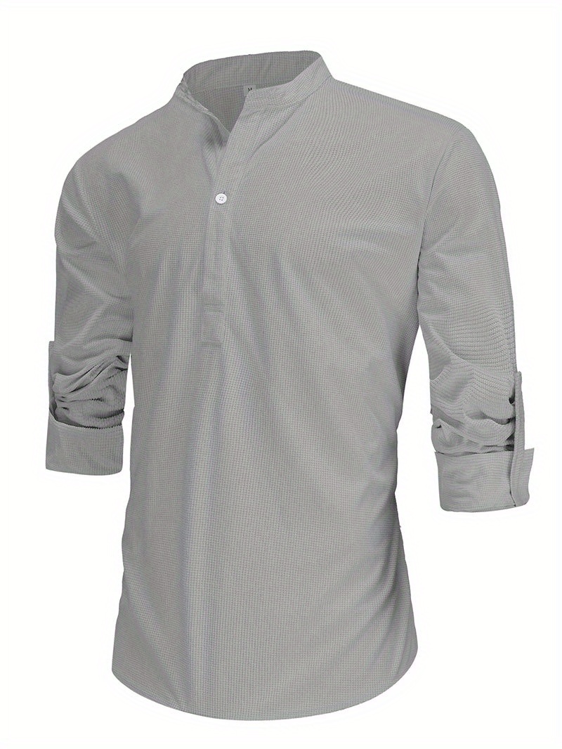 mens retro casual long sleeve stand collar shirt with half button spring fall outdoor details 2