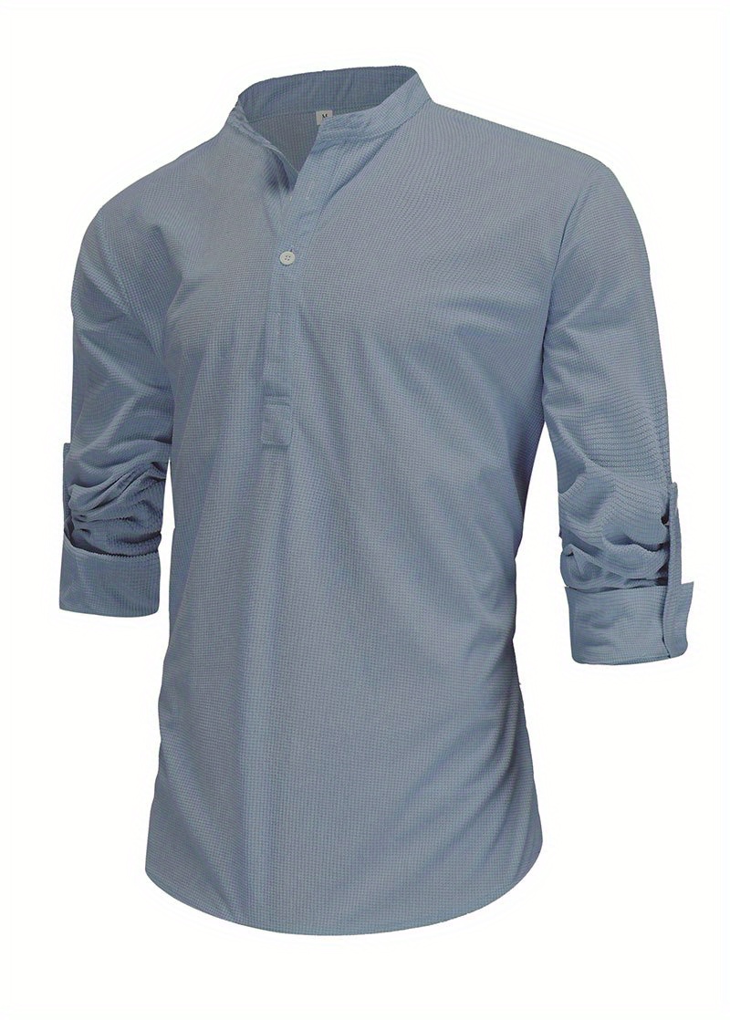 mens retro casual long sleeve stand collar shirt with half button spring fall outdoor details 3