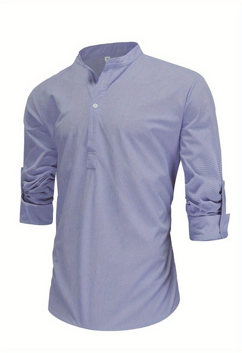 mens retro casual long sleeve stand collar shirt with half button spring fall outdoor details 4