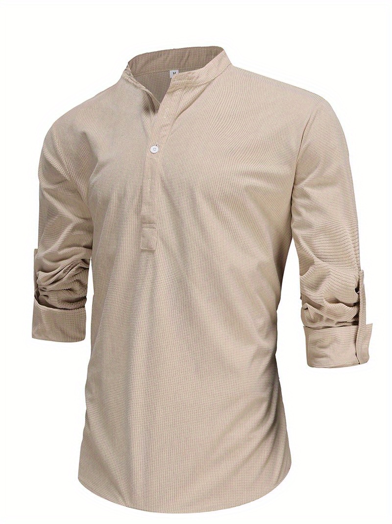 mens retro casual long sleeve stand collar shirt with half button spring fall outdoor details 5