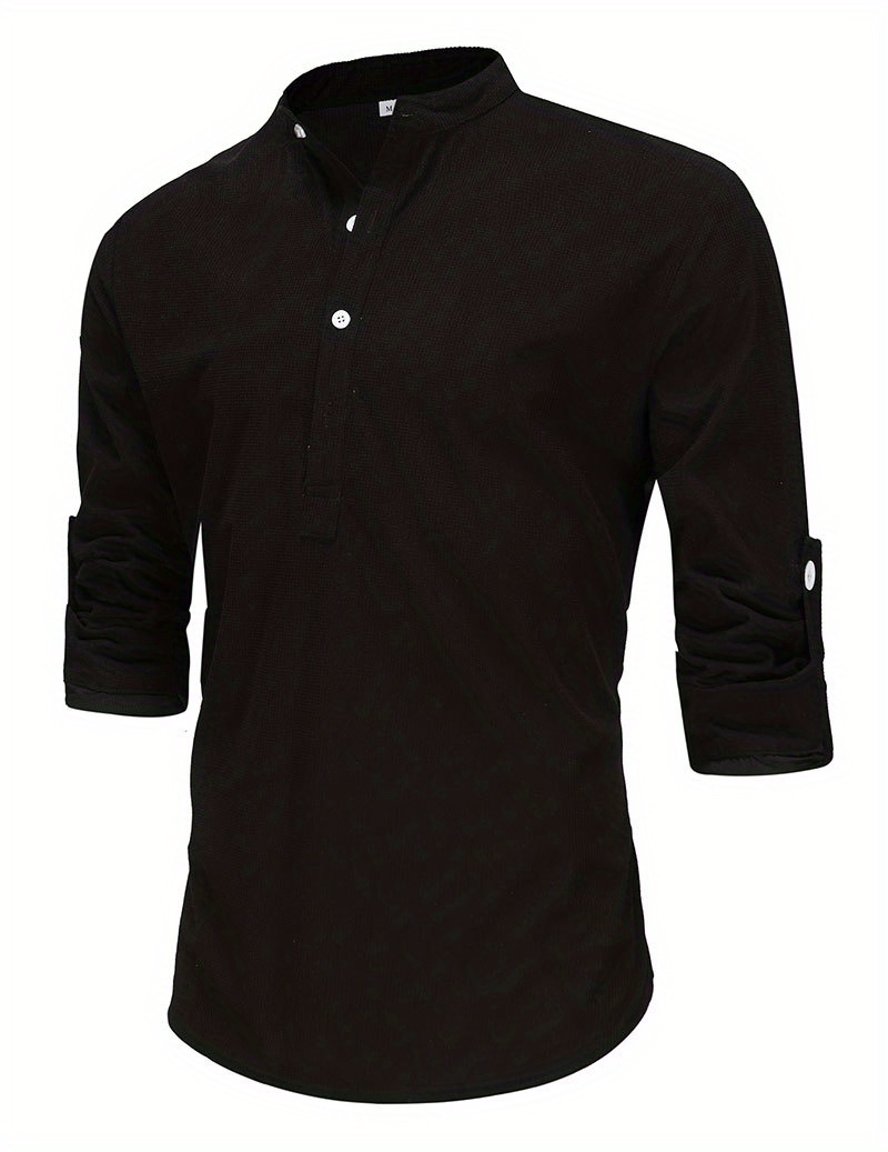 mens retro casual long sleeve stand collar shirt with half button spring fall outdoor details 6