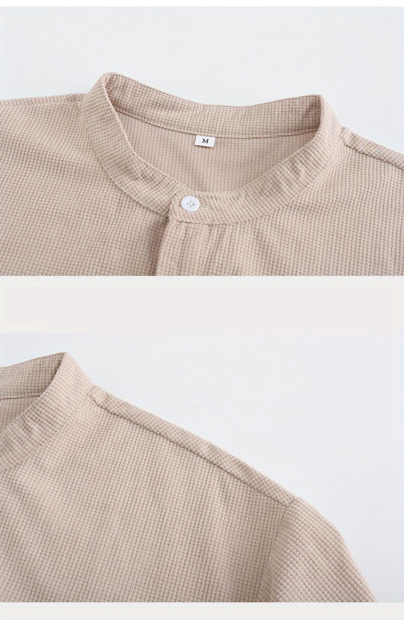 mens retro casual long sleeve stand collar shirt with half button spring fall outdoor details 7