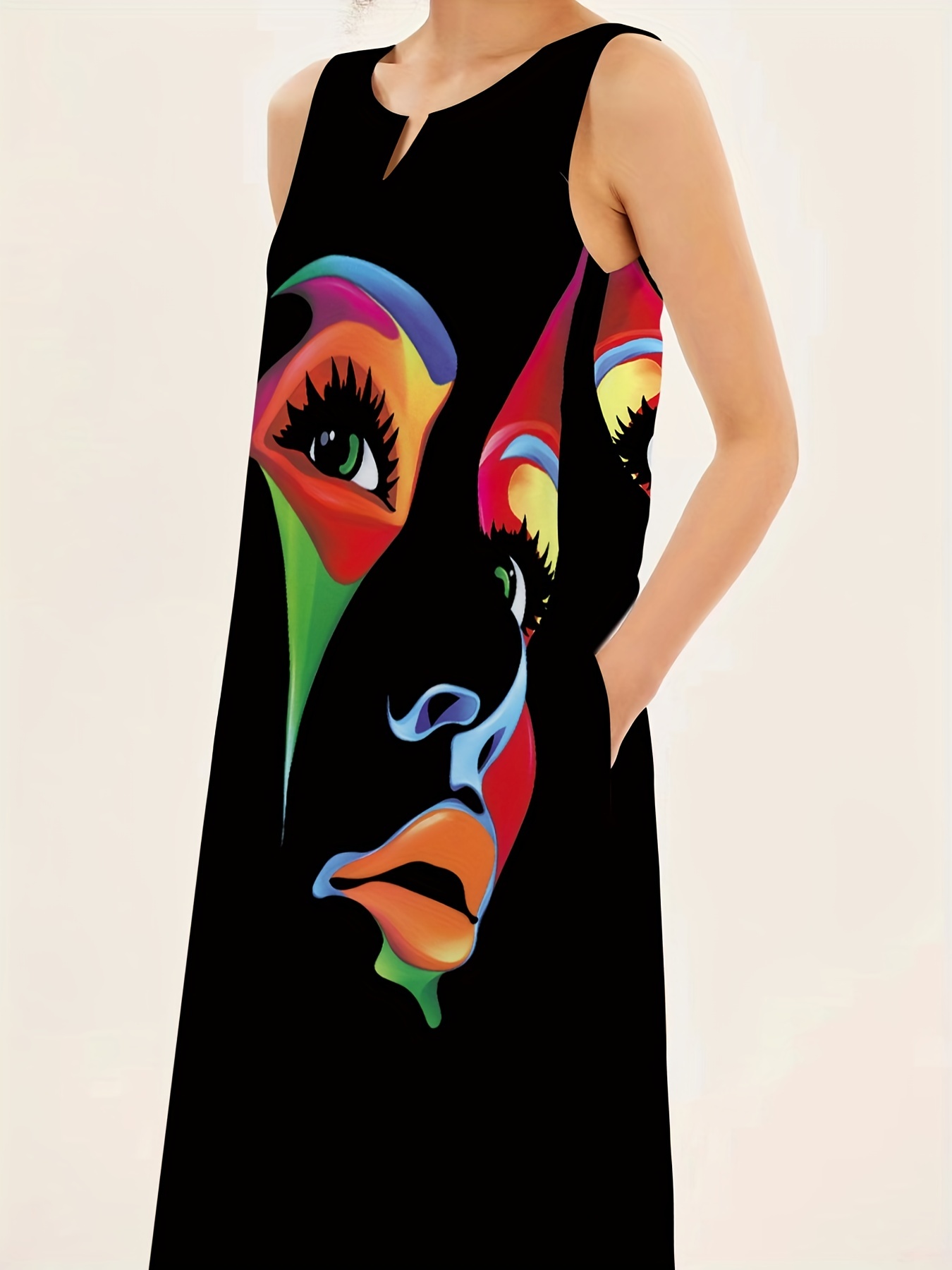 abstract face print maxi dress notched neck sleeveless casual dress for summer spring womens clothing details 2