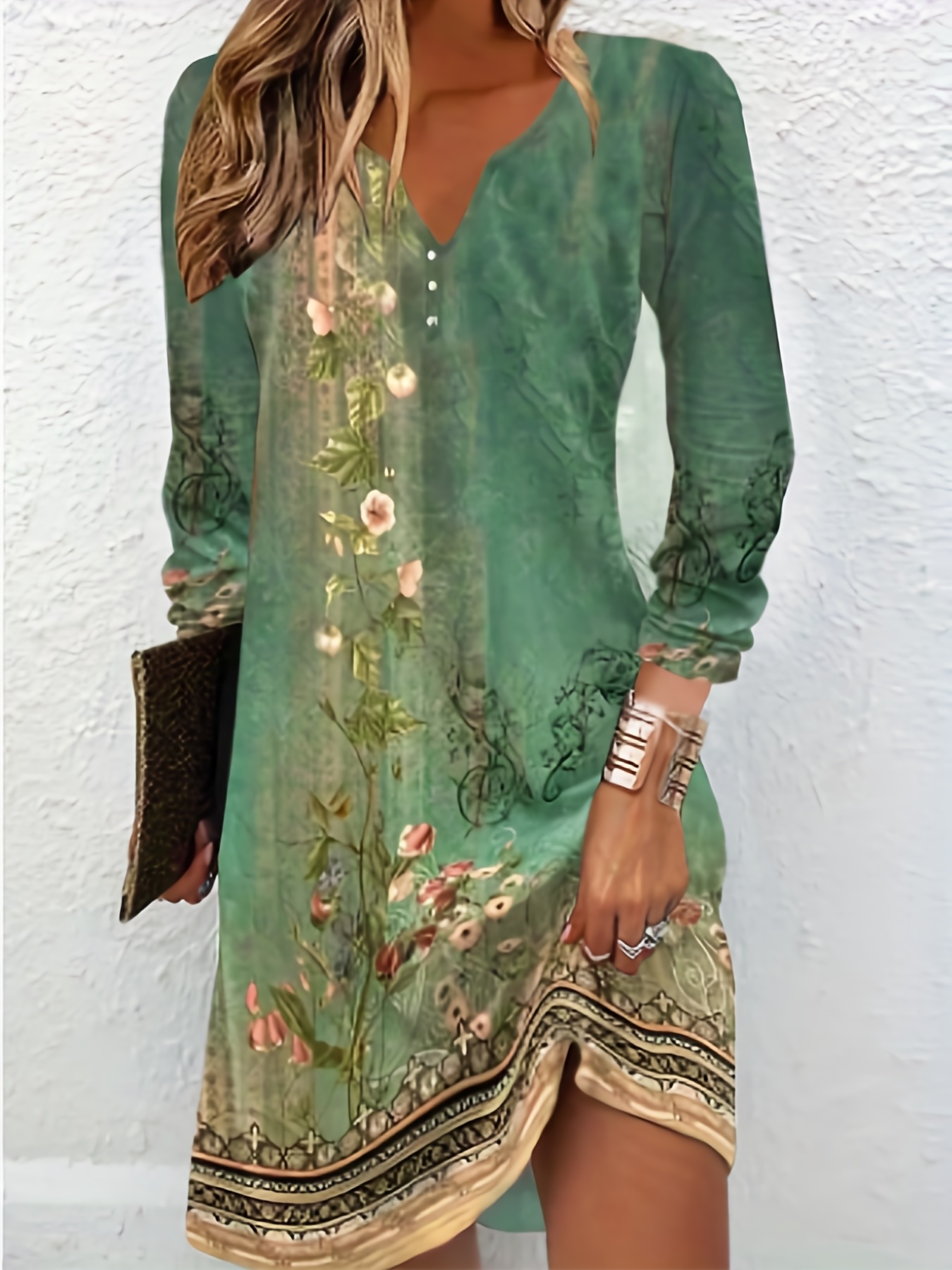 floral print v neck dress elegant long sleeve dress for spring summer womens clothing details 1