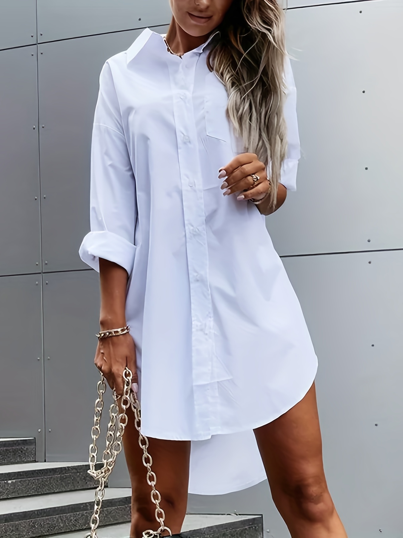 solid color button front shirt dress casual long sleeve lapel dress for spring fall womens clothing details 1
