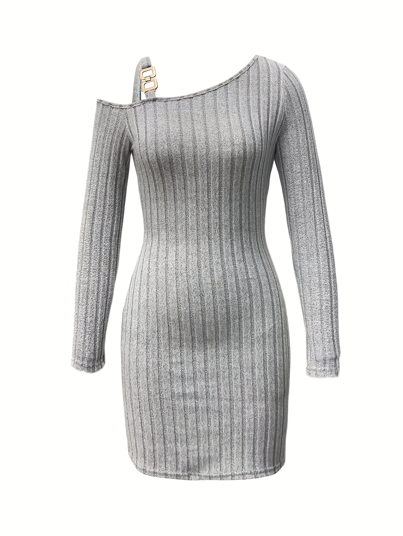 ribbed slanted shoulder dress party wear solid long sleeve mini dress womens clothing details 1