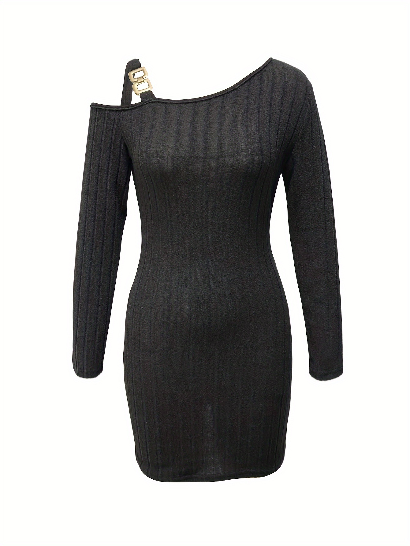 ribbed slanted shoulder dress party wear solid long sleeve mini dress womens clothing details 6