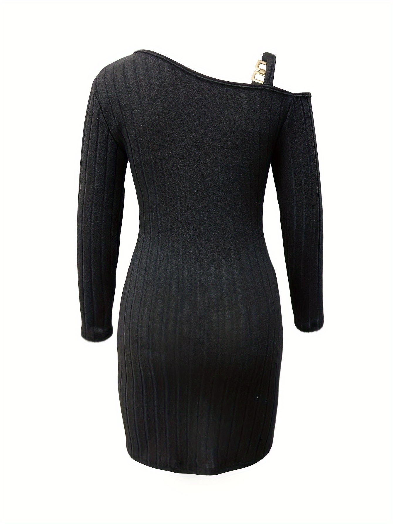 ribbed slanted shoulder dress party wear solid long sleeve mini dress womens clothing details 7