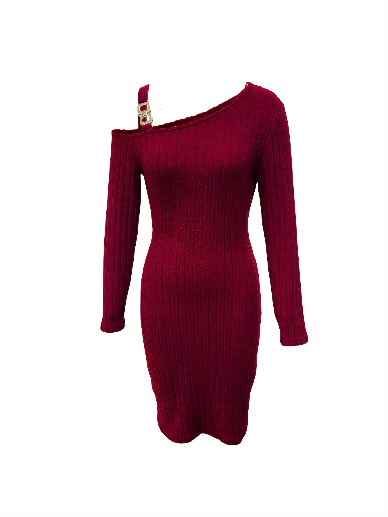 ribbed slanted shoulder dress party wear solid long sleeve mini dress womens clothing details 10