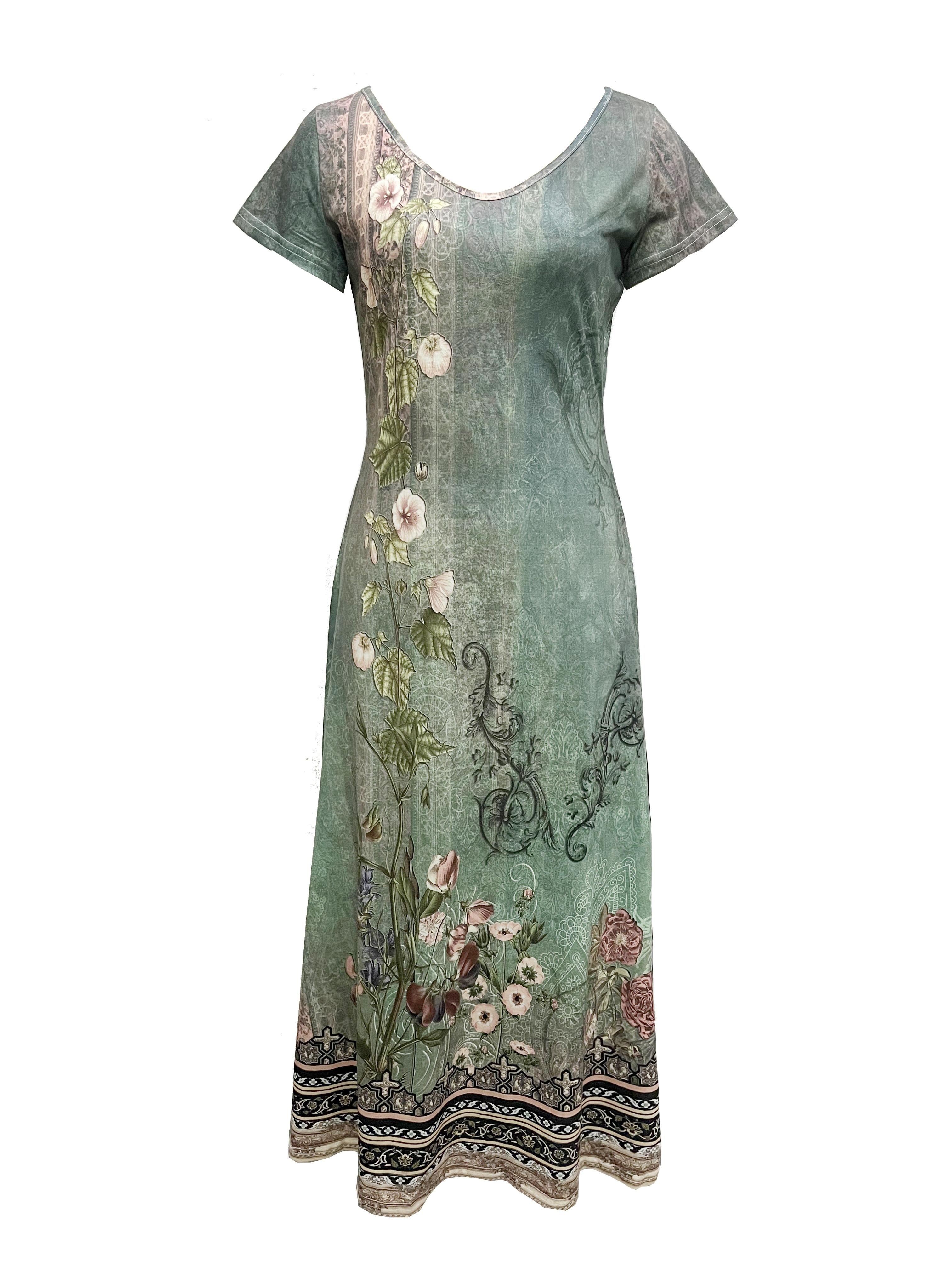 floral print maxi dress vintage v neck short sleeve dress womens clothing details 0
