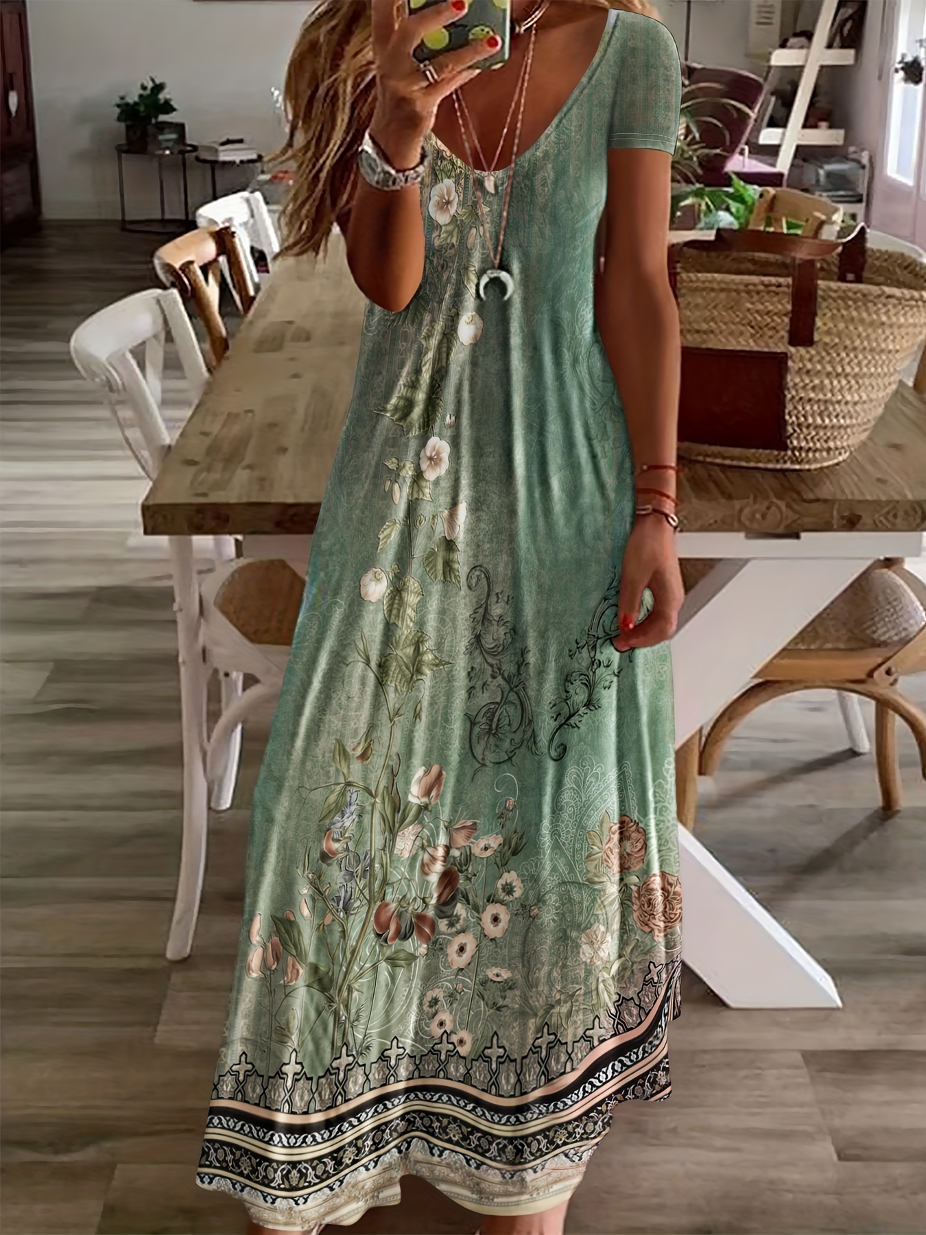 floral print maxi dress vintage v neck short sleeve dress womens clothing details 1