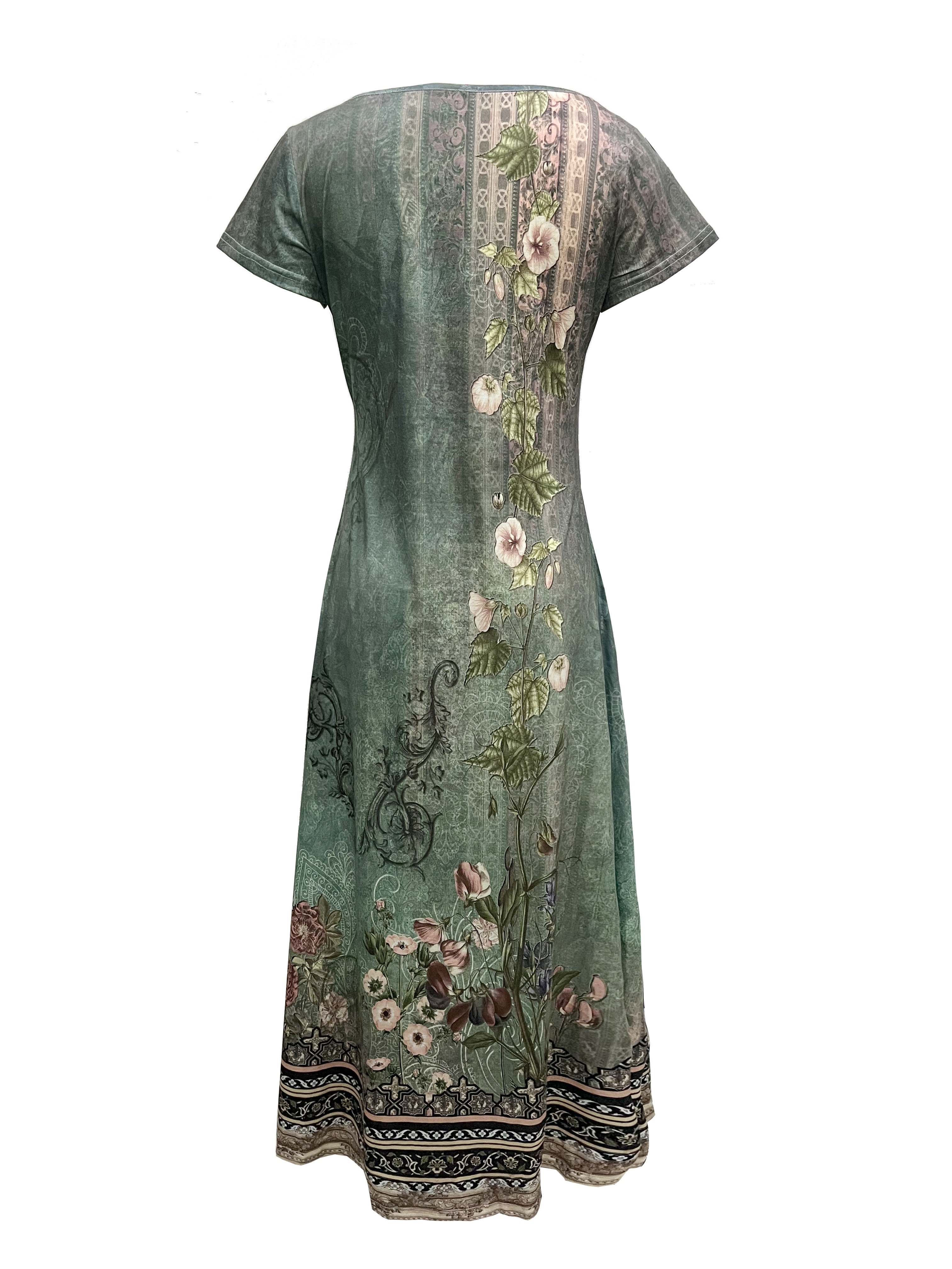 floral print maxi dress vintage v neck short sleeve dress womens clothing details 2