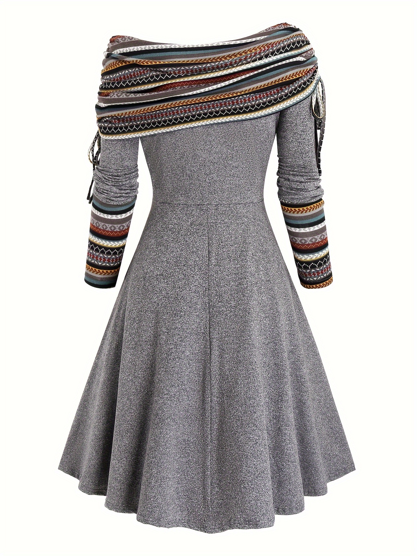 ethnic striped splicing dress elegant off shoulder drawstring dress womens clothing details 0