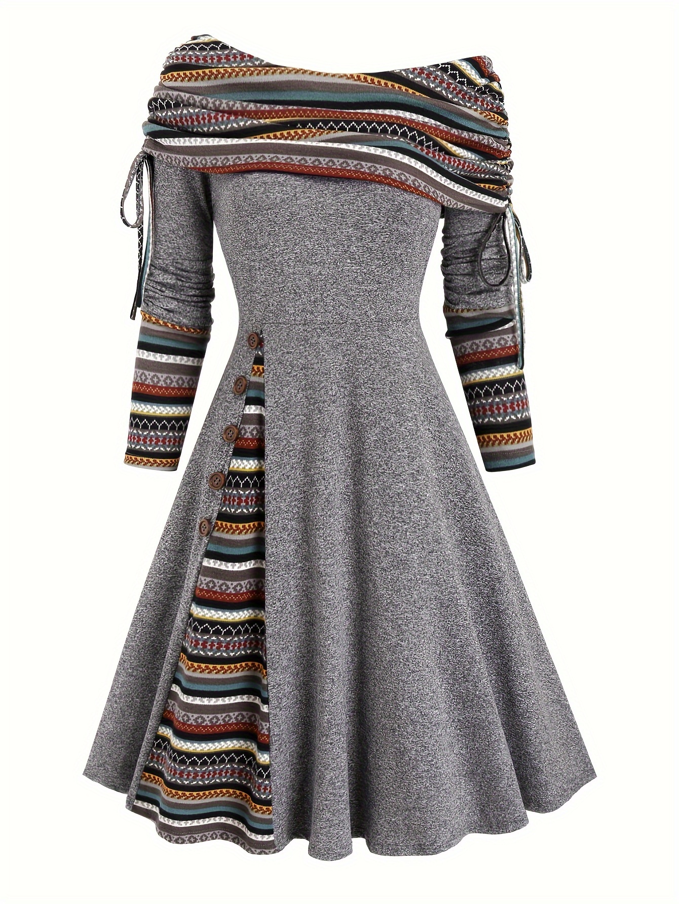 ethnic striped splicing dress elegant off shoulder drawstring dress womens clothing details 1