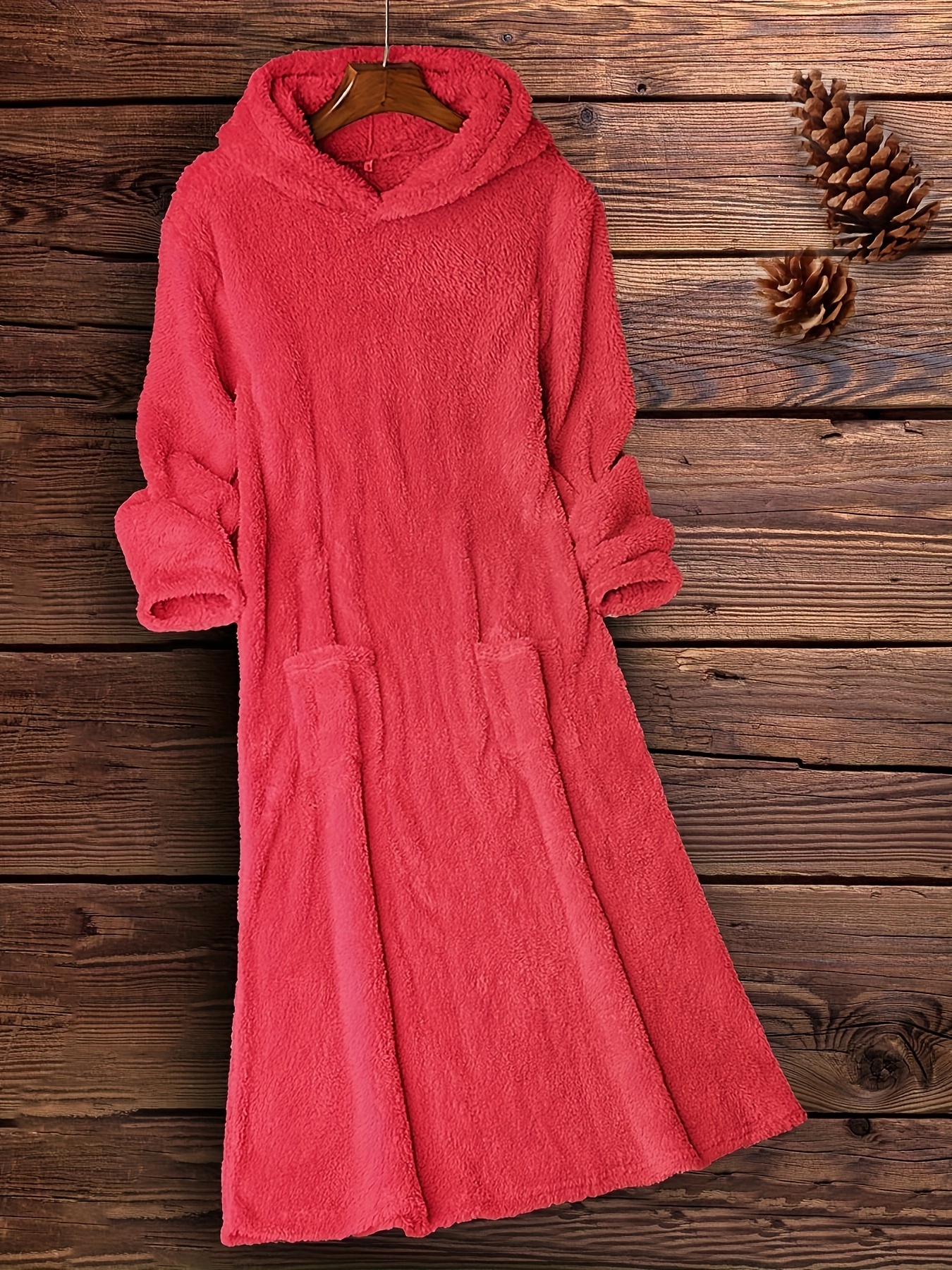 fuzzy hooded midi dress casual pocket front solid long sleeve dress womens clothing details 1
