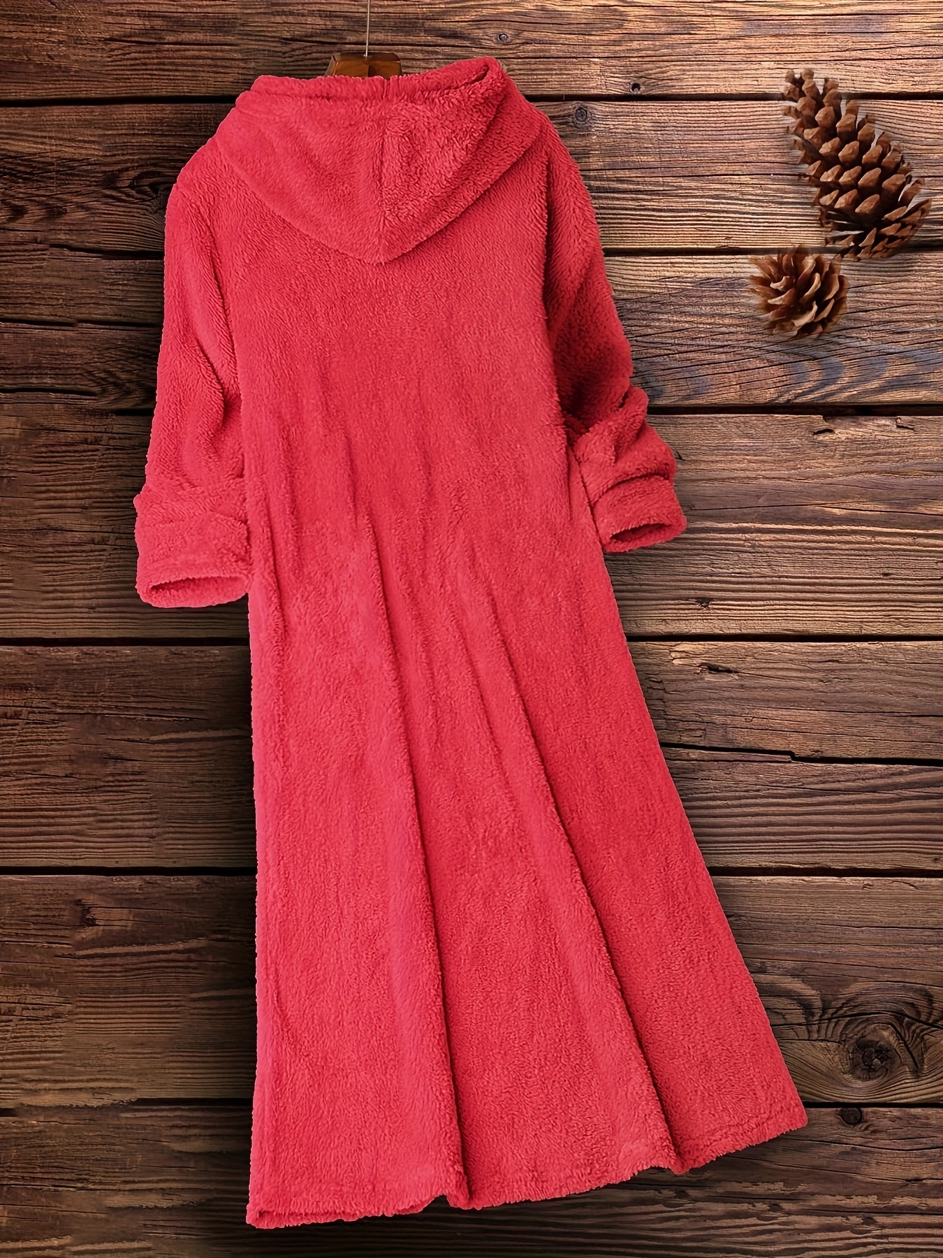 fuzzy hooded midi dress casual pocket front solid long sleeve dress womens clothing details 2