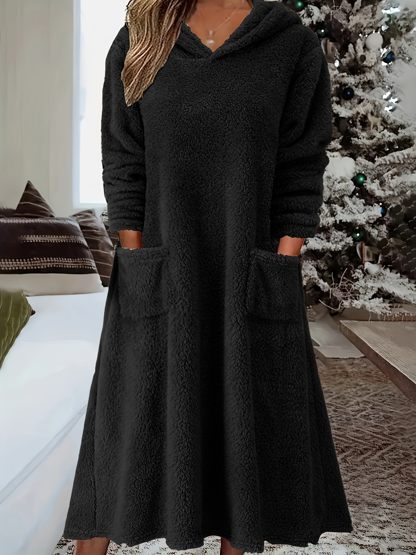 fuzzy hooded midi dress casual pocket front solid long sleeve dress womens clothing details 4