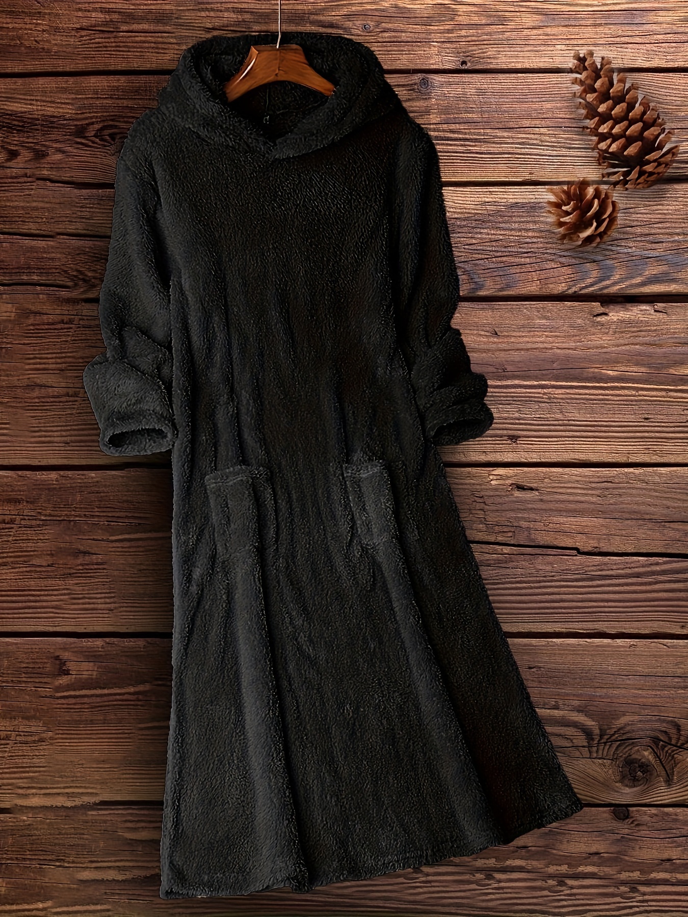 fuzzy hooded midi dress casual pocket front solid long sleeve dress womens clothing details 5