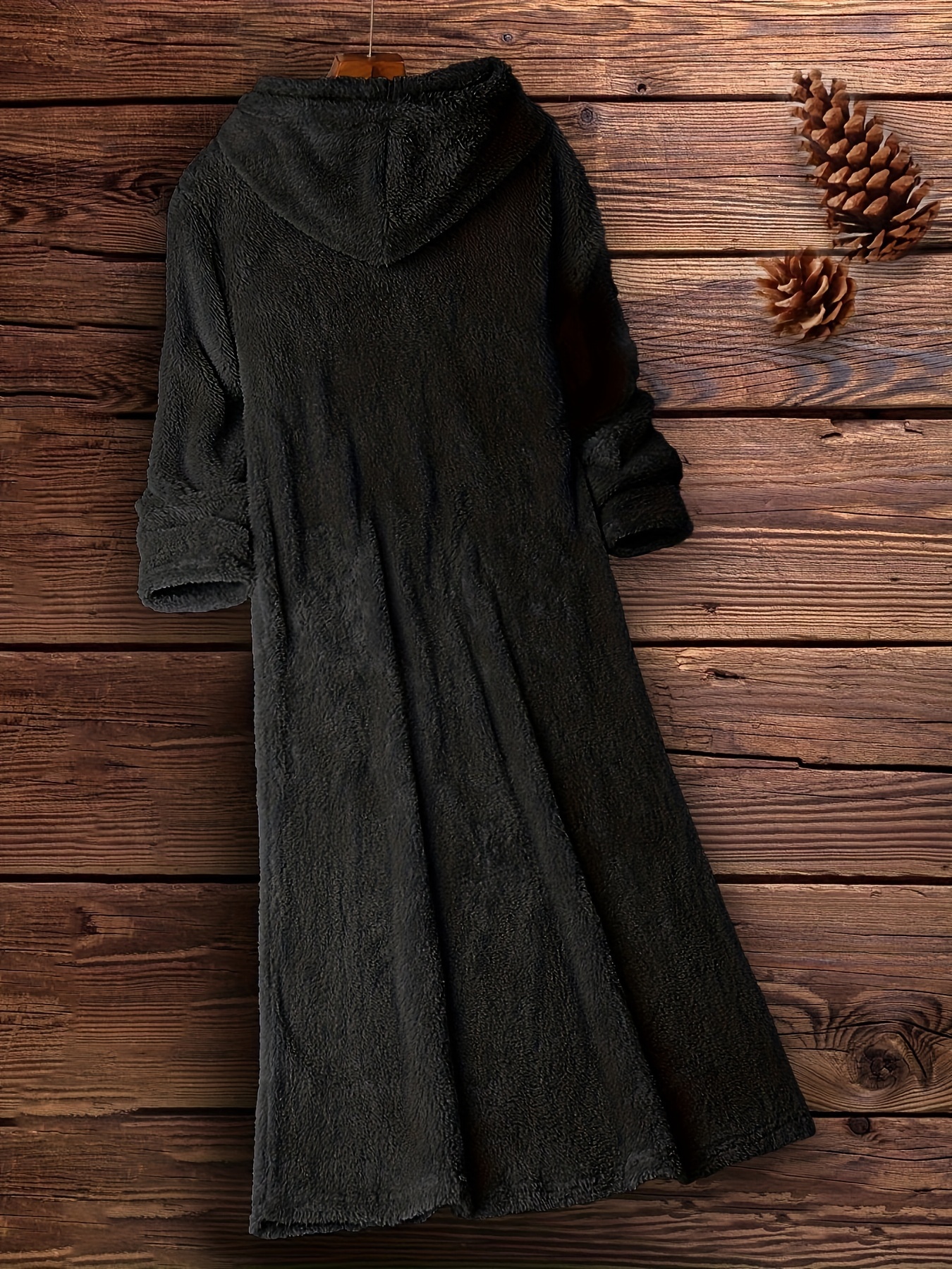 fuzzy hooded midi dress casual pocket front solid long sleeve dress womens clothing details 6