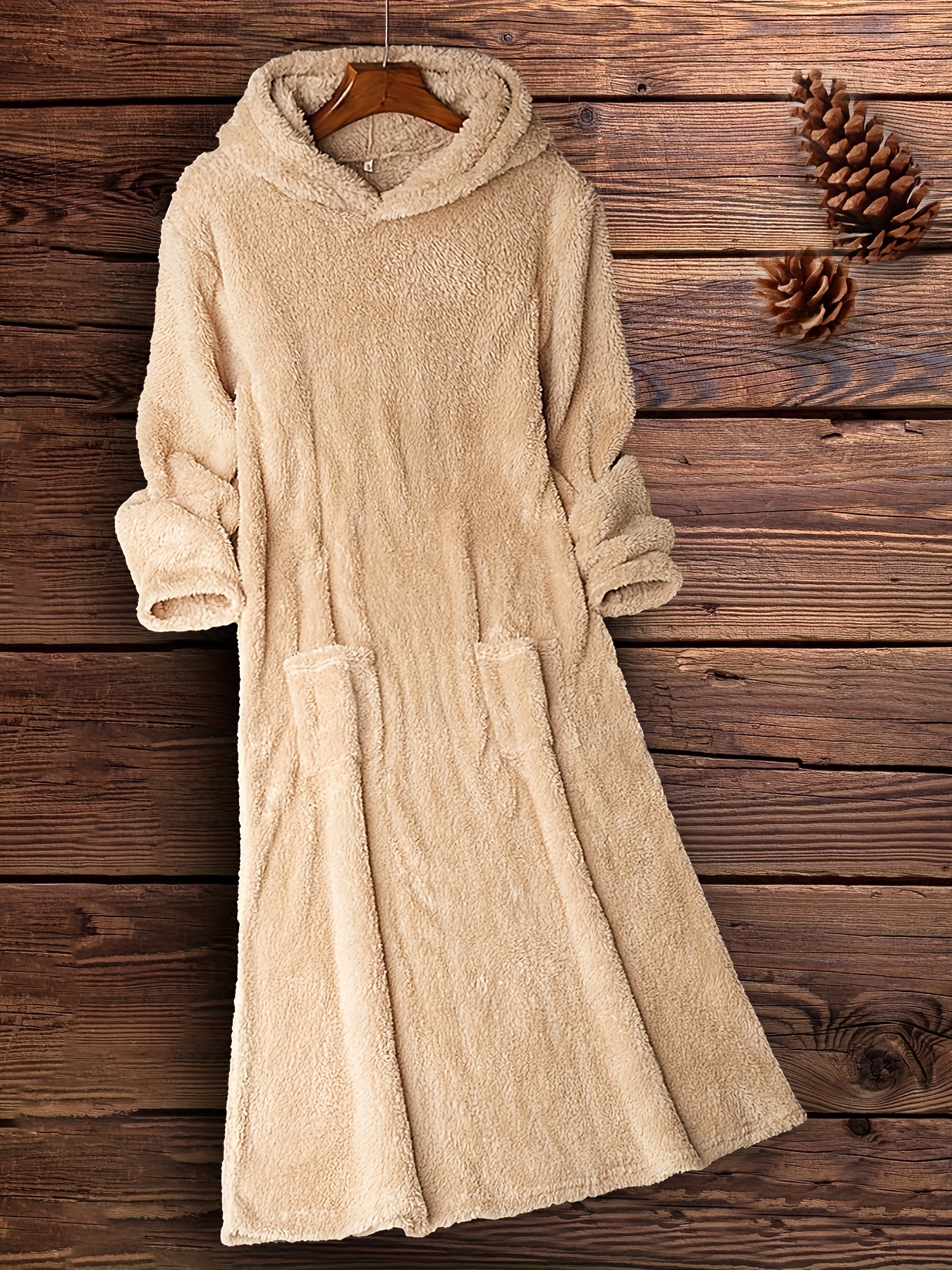 fuzzy hooded midi dress casual pocket front solid long sleeve dress womens clothing details 8