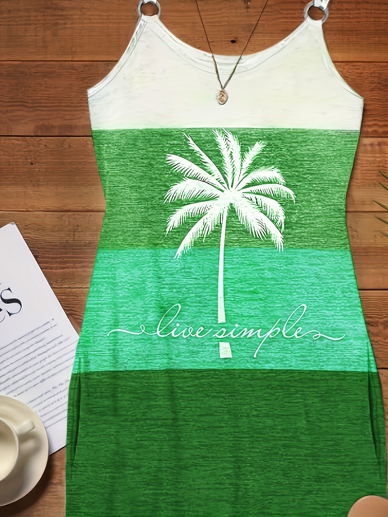 coconut tree print dress vacation ring linked sleeveless color block dress womens clothing details 11