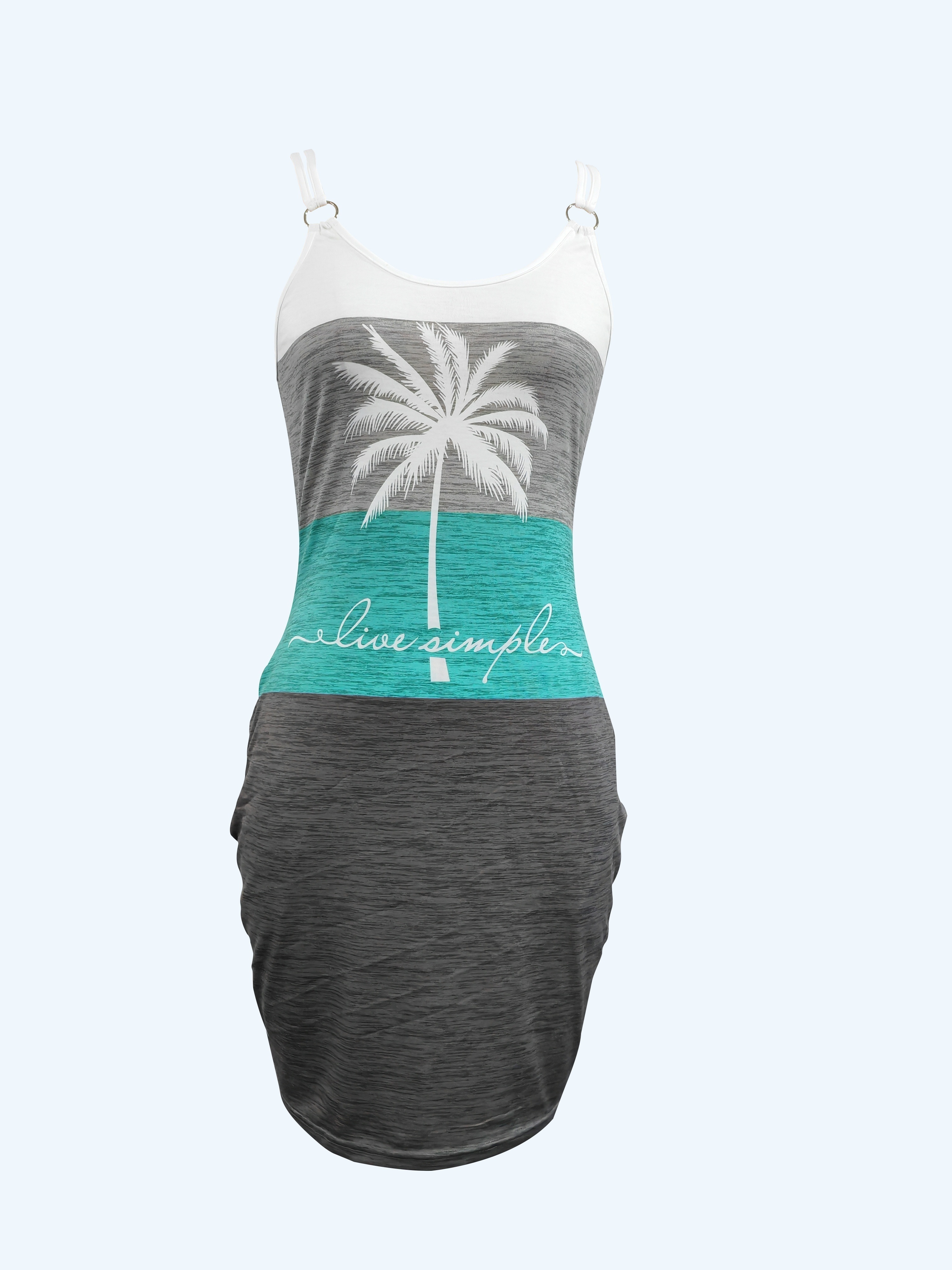 coconut tree print dress vacation ring linked sleeveless color block dress womens clothing details 18