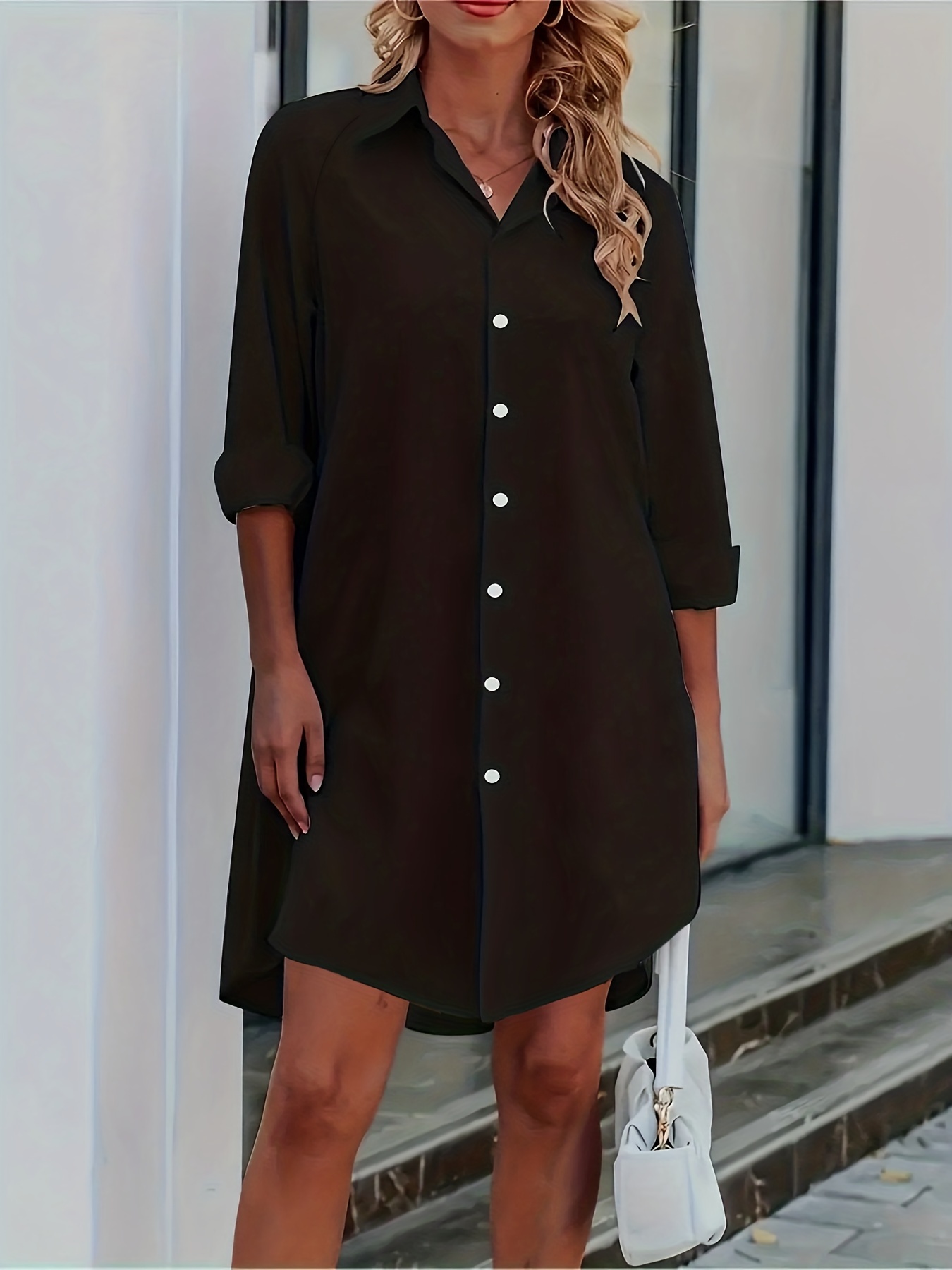 button front shirt dress sexy 3 4 sleeve solid turn down collar dress womens clothing details 12