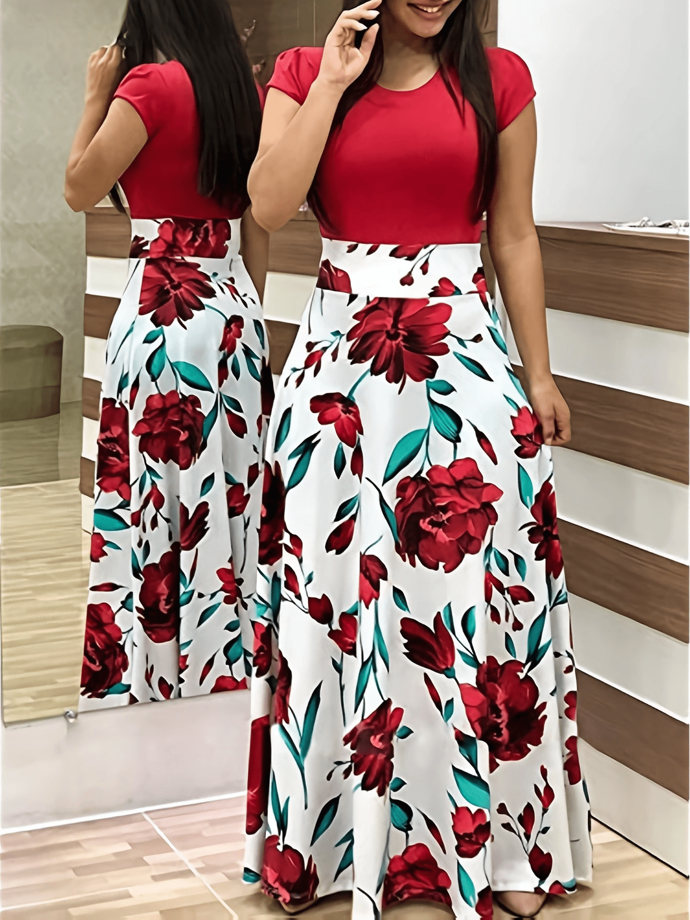 printed splicing crew neck dress elegant short sleeve slim waist pleated maxi dress womens clothing details 0